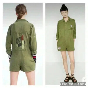ZARA Trafaluc Collection Army Green Romper Jumpsuit Cotton Patches Women’s S